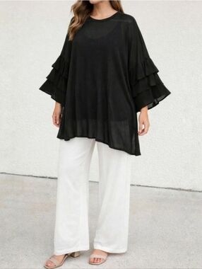 Bitte Kai Rand Black Sheer Oversize Tunic Mini Dress Ruffle Sleeve Size XL 1X